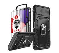LeYi Samsung A22 5G Case Camera Cover Slider and 2 Tempered Glass Screen Protector, Ring Holder 360° Full Body Protective Shockproof Hard Armour Rugged Phone Case Cover for Samsung Galaxy A22 5G Black