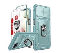 LeYi Samsung Galaxy A12 5G/M12 Case & 2 Pack Tempered Glass Screen Protector with Camera Cover Ring Holder Full Body Protection Shockproof Silicone G-Green