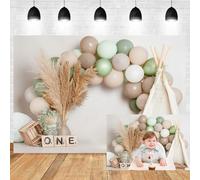 Leyiyi 10x7ft One Birthday Party Backdrop White Green Balloons Arch Kit Photography Background Boho Tent Wooden Boxes Backdrop for First Birthday Party Decoration Banner Kids Portrait Photo Props