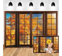 Leyiyi 5x4ft Fall Window Scenery Backdrop Rustic Brown Wood Board Window Autumn Forest Scene Photography Background Park Natural Landscape Harvest Thanksgiving Party Decoration Photo Booth Props