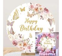 Leyiyi 6.5x6.5ft Boho Happy Birthday Butterfly Party Round Backdrop Cover 3D Flower White and Pink Rose Gold Glitter Photo Background Girls Butterfly Birthday Party Decorations Sweet Cake Table Banner