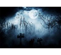 Leyiyi 6x4ft Gothic Happy Halloween Backdrop Grunge Misty Graveyard Grave Stone Cross Crows Foggy Forest Full Moon Bats Photography Background Horror Costume Carnival Photo Studio Prop Vinyl Banner