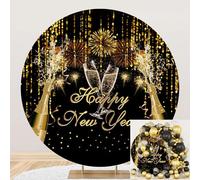 Leyiyi 6x6ft 2025 Happy New Year Round Backdrop Cover Polyester Fireworks Champagne Luxurious Gold and Black Glitter Photography Background Family Winter Xmas New Year Eve Party Decor