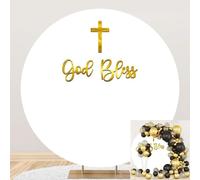 Leyiyi 6x6ft God Bless Baptism Round Backdrop Stand Cover for Photography Pure White Gold Words Circle Backdrop Stand Baptism Party Boys Girls First Holy Communion Christening Banner Decor
