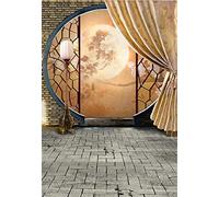 Leyiyi 6x9ft Exquisite Chinese Architecture Backdrop Old Dynasty Livingroom Arch Window Curtain Full Moon Nature View Wooden Furniture Photography Background Watercolor Photo Studio Prop Vinyl Banner