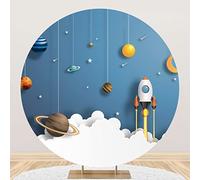 Leyiyi 7.2x7.2ft Cartoon Spaceship Round Backdrop Cover Space Theme Birthday Party Phtography Background Universe Planet Rocket Mysterious Galaxy Round Backdrop for Kids Boys Birthday Party Decor