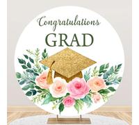 Leyiyi 7.2x7.2ft Congratulations Grad Round Backdrop Cover Gold Bachelor Hat Watercolor Floral Green Leaves Graduation Party Decoration Congrats Grad Prom Party Banner Personal Portraits Studio Props