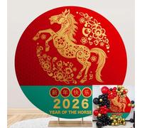 Leyiyi 7.2x7.2ft Happy Chinese New Year 2026 Round Backdrop Year of The Horse Backdrop Gold Red Flower Galloping Horse Red Circle Photo Background Chinese Spring Festival New Year Photo Props