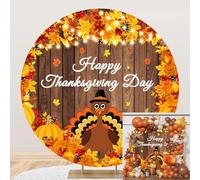 Leyiyi 7.2x7.2ft Happy Thanksgiving Day Round Backdrop Cover Polyester Pumpkin Maple Leaves Turkeys Harvest Rustic Wooden Board Circle Background Autumn Farm Theme Party Decorations Supplies