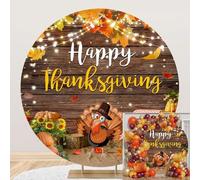 Leyiyi 7.2x7.2ft Happy Thanksgiving Round Backdrop Cover Cute Turkey Pumpkin Maple Leaves Sunflower Fall Harvest Circle Backdrop Rustic Wooden Board Background Autumn Farm Theme Party Banner Supplies