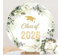 Leyiyi 7.5x7.5ft Greenery Class of 2026 Round Backdrop Cover Green Eucalyptus Leaves Gold Bachelor Cap Congrats Grad Photography Background Graduation Party Decorations Supplies Cake Table Banner