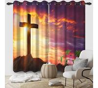 Leyiyi Jesus Cross Window Curtains Holy Lights Jesus Christ Cross Mountain Sunset Sunrise Easter Christian Church Window Curtains for Church Bible School Bedroom 52x84 Inch,2 Panels