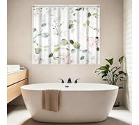 Leyiyi Short Shower Window Curtain, Waterproof Green Eucalyptus Leaves Pink Floral Bathroom Window Curtains, Waterproof Fabric Small Curtain for Kitchen Bathroom Windows 40x36 Inch