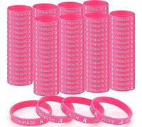 Leyndo 100 Pcs Breast Cancer Awareness Pink Ribbon Bracelets Rubber Wristbands Hope Faith Strength Courage Inspiring Silicone Wristbands for Party Supplies Favors (Rose Red)