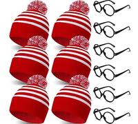 Leyndo 12 Pcs Red White Knit Beanies Hat and Glasses Frames Costumes Accessory Set Pompom Cuff Beanie and Black Frame Vintage No Lens Round Glasses for Adults Kids Halloween Christmas Party Cosplay