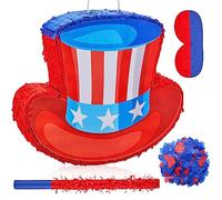 Leyndo 17'' 4th of July Hat Patriotic Piñata, Red White Blue Flag Design with Stick Blindfold Confetti, Independence Day Memorial Day American Party Decor for Adult & 250th Anniversary Celebration