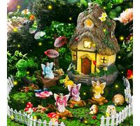 Leyndo 28 Pcs Solar House Garden Accessories Fairy Light up Fairy Figures Garden Kit Resin Miniature Mushroom House Figures Micro Landscape Ornaments(Classic)