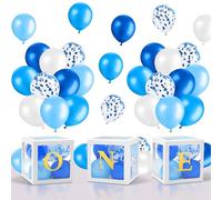 Leyndo First Birthday Decorations for Boy Blue White Confetti Balloons 1st Happy Birthday Banner Clear Cube Blocks One Balloon Boxes for 1 Year Old Party Baby Shower Decor Backdrop