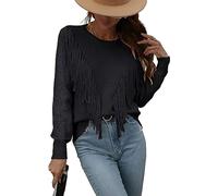 Leyoutx Women's Casual Crewneck Fringe Tassels Crochet Long Sleeve Knitted Fall Sweater Pullover Tops, Black, L