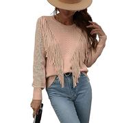 Leyoutx Women's Casual Crewneck Fringe Tassels Crochet Long Sleeve Knitted Fall Sweater Pullover Tops, Khaki, Small