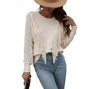 Leyoutx Women's Casual Crewneck Fringe Tassels Crochet Long Sleeve Knitted Fall Sweater Pullover Tops, Apricot, L