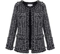 Leyoutx Women's Collarless Plaid Tweed Blazer Elegant Open Front Fringed Casual Business Glitter Jacket, Black, M