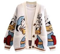 Leyoutx Womens Cute Embroidery Cartoon Duck Cable Knit Cardigans Sweater Button Down Slouchy Wool Blend Coat, White, Small