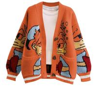 Leyoutx Womens Cute Embroidery Cartoon Duck Cable Knit Cardigans Sweater Button Down Slouchy Wool Blend Coat, Orange, XXL