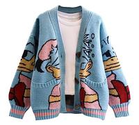 Leyoutx Womens Cute Embroidery Cartoon Duck Cable Knit Cardigans Sweater Button Down Slouchy Wool Blend Coat, Blue, XS