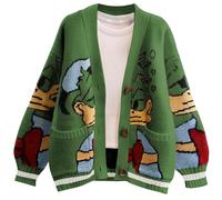 Leyoutx Womens Cute Embroidery Cartoon Duck Cable Knit Cardigans Sweater Button Down Slouchy Wool Blend Coat, Green, Small