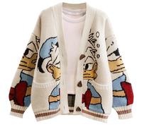 Leyoutx Womens Cute Embroidery Cartoon Duck Cable Knit Cardigans Sweater Button Down Slouchy Wool Blend Coat, Apricot, L
