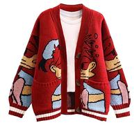 Leyoutx Womens Cute Embroidery Cartoon Duck Cable Knit Cardigans Sweater Button Down Slouchy Wool Blend Coat, Red, L