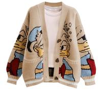 Leyoutx Womens Cute Embroidery Cartoon Duck Cable Knit Cardigans Sweater Button Down Slouchy Wool Blend Coat, Khaki, L