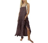 Leyoutx Women's Laced Embroidered Tulle Boho Dress Casual Loose Adjustable Straps Bib Maxi Dress, Coffee, M