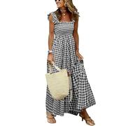 Leyoutx Women's Sleeveless Strap Retro Plaid A-Line Smocked Maxi Long Dress with Ruffled Hem, Navy Black, XL