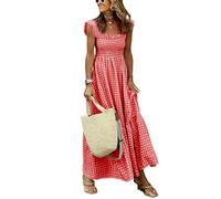 Leyoutx Women's Sleeveless Strap Retro Plaid A-Line Smocked Maxi Long Dress with Ruffled Hem, Red, M