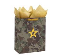 LeZakaa 13" Camouflage Gift Bag with Tissue Paper, Military Camo Gift Bag for Boys Men, Army Birthday Gifts, Fathers Day, Military Party Decorations, 13" x 10" x 5", 1 Pc