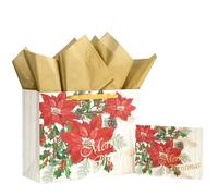 LeZakaa 13" Christmas Gift Bag for Girls Women, Poinsettia & Pinecone Floral Gold Foil Design, Gold Tissue Paper, Greeting Card and Tag, for Xmas Holiday Party, Winter Birthday, 13" x 10" x 5", 1 Pcs