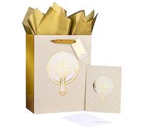 LeZakaa 13" Cross Gift Bag, Gold Christian Gift Bag with Tissue Paper, Gift Tag and Card for Christenings, Religious First Holy Communion, Confirmation, Weddings, Clergy Day