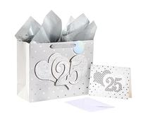 LeZakaa 13" Wedding Gift Bag, Silver Gift Bag with Tissue Paper, Gift Tag and Card - Number 25" with Heart 3D Paster for Silver Wedding Anniversary Celebrations