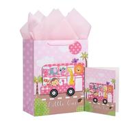LeZakaa 1st Birthday Pink Gift Bag for Kids Girls, 13" Gift Bag with Tissue Paper, Gift Tag & Card, Happy Animals Riding a Car with Little One Text, Welcome a New Baby, for Baby Shower, Baby Birthday