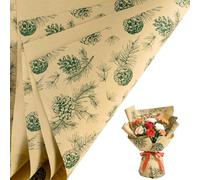 LeZakaa 20 Sheets Kraft Christmas Flower Wrapping Paper, Green Pinecone and Branches on Kraft Floral Bouquet Paper Gift Wrap for Christmas Party Packaging, Winter Woodland-themed Holiday decor