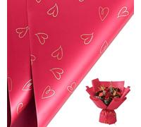 LeZakaa 20 Sheets Valentine Flower Wrapping Paper, Red with Gold Heart Pattern Waterproof Floral Bouquet Paper, for Christmas, Valentines, Mothers Day, Party, Romantic Birthday, Wedding, Anniversary