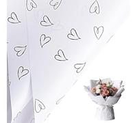 LeZakaa 20 Sheets Valentine Flower Wrapping Paper, White with Black Heart Pattern Waterproof Floral Bouquet Paper, for Valentines, Mothers Day, Party, Romantic Birthday, Wedding, Anniversary