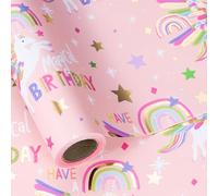LeZakaa 30in x 16.4Ft Pink Unicorn Birthday Wrapping Paper Roll for Girls Women, Jumbo Roll, Have a Magical Birthday & Rainbow, Stars, Gold Foil Design for Baby Girl, Baby Shower