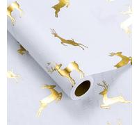 LeZakaa 3D Christmas Wrapping Paper Roll - Deer & Christmas Tree Pattern with Gold Foil, Embossed in White for Holiday, Party Celebration - 17 inches x 16.4 Feet