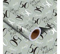 LeZakaa 50th Birthday Wrapping Paper Roll - ‘50 Happy Birthday & Celebrate’ Design in Gray for Men, Male - Age Fifty 50 Years Old - 17 inches x 32.8 Feet (46.45 sq.ft.)
