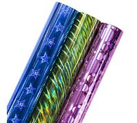 LeZakaa Birthday Holographic Wrapping Paper - Mini Roll - Blue Star/Green Sripe/Pink Dot for Gift Wrap, Art Craft - 17 x 120 inches - 3 Rolls (42.5 sq.ft.ttl.)