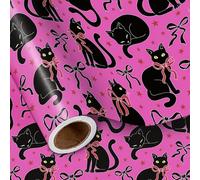 LeZakaa Black Cat Wrapping Paper Roll, Black Red Bows Hot Pink Background Gift Wrap for Birthday Valentines Cat Lovers, Mini Roll 17 Inches X 16.4 Feet
