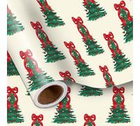 LeZakaa Bow Christmas Tree Wrapping Paper Roll for Kids Women Family, Red Bows and Christmas Trees in Cream Festive Design for Xmas Winter Holidays, Party Celebration, Mini Roll 17 in x 16.4 Ft